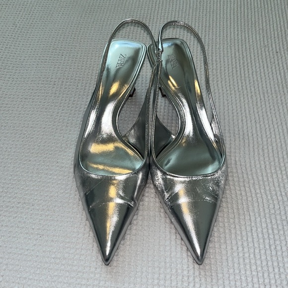 Zara Shoes - ZARA Metallic Silver Kitty Slingback Pointy Toe Heels